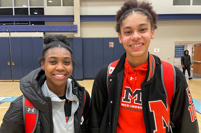 Sophomore guard Amber Fleary (left) and University of Maryland recruit Ava McKennie have guided McDonogh to a perfect record in IAAM A Conference play this season. The Eagles will try to win a third consecutive title this week.
